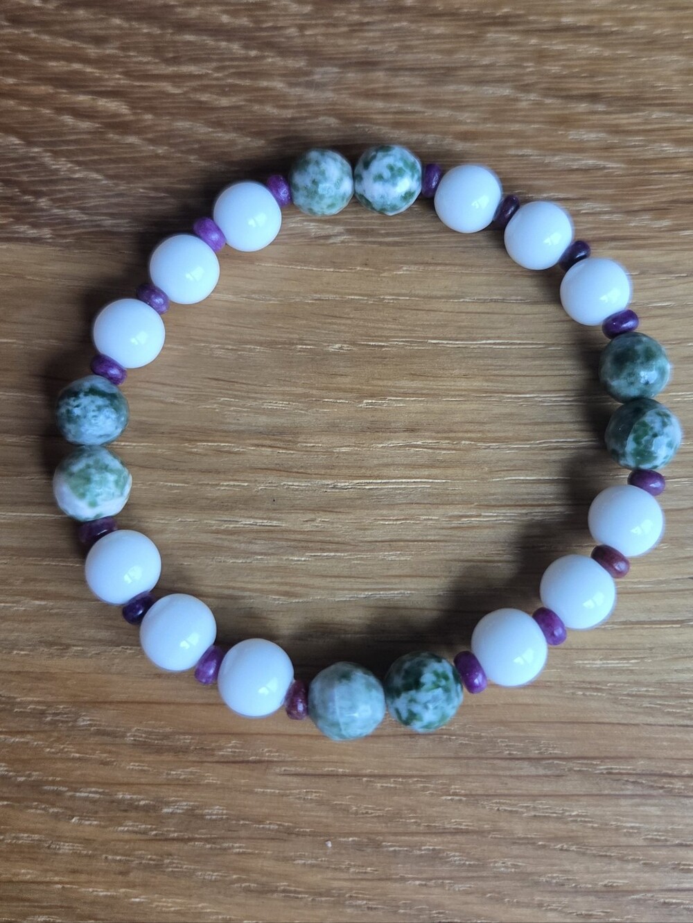 Green Tree Agate & White Jade Beaded Stretch Bracelet | Handmade